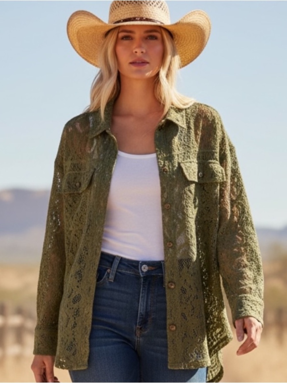 Jaded Gypsy Olive Lace Sweet Whispers  Button Down Shirt OS